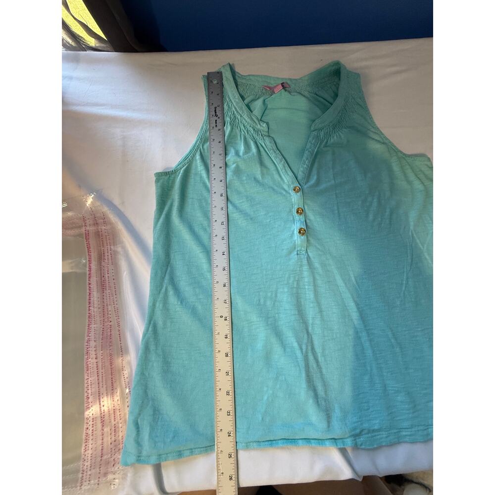 Lilly Pulitzer Womens Large Aqua Sleeveless Tank Top Smocked Yoke Henley Casual - Picture 6 of 12